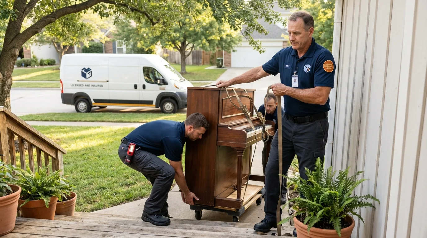 Licensed piano movers securing grand piano in Brinkley, AR
